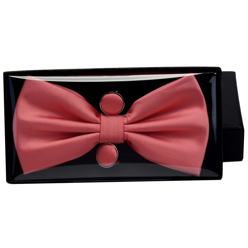 GUSLESON Adjustable Mens Coral Pink Wedding Bow tie Double Fold Pre-tied Bowtie and Pocket Square Cufflink Set (0570-13) - Image 5